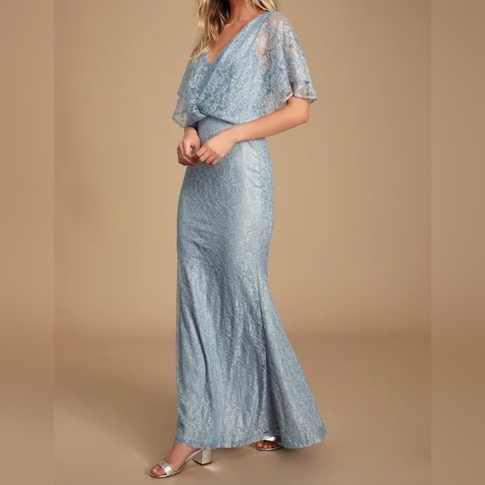 Lulus Bliss Delight Light Blue Lace Flutter Sleeve Maxi Dress, Size XS NWT!